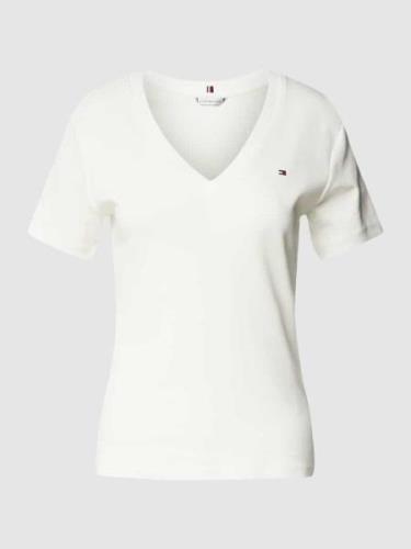 Tommy Hilfiger T-Shirt mit V-Ausschnitt in Ecru, Größe S