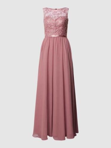 Luxuar Abendkleid mit floralem Stitching in Mauve, Größe 32