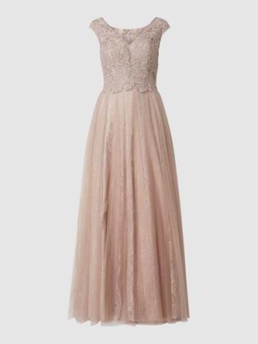 Luxuar Abendkleid mit floralen Zierborten in Mauve, Größe 34