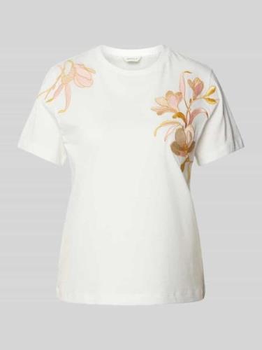Gant T-Shirt mit floralen Stitchings in Offwhite, Größe M