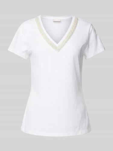 Liu Jo White T-Shirt mit Perlen und V-Ausschnitt in Offwhite, Größe XS