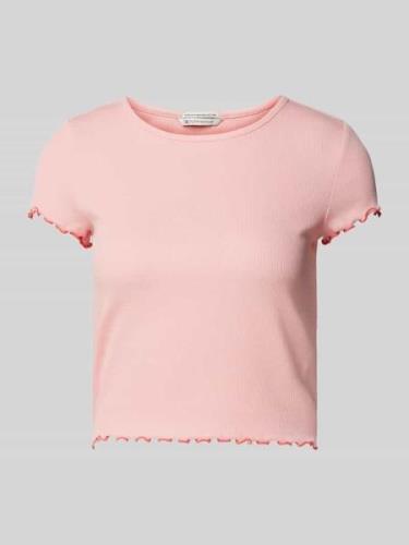 Tom Tailor Denim Cropped T-Shirt mit Muschelsaum in Rosa, Größe S