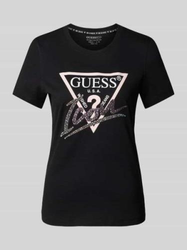 Guess T-Shirt mit Label-Print und Ziersteinbesatz in Black, Größe XS