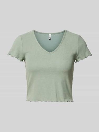 Only Cropped T-Shirt mit Muschelsaum Modell 'KIKA' in Schilf, Größe L