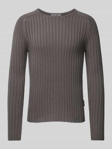 REVIEW Strickpullover mit geripptem Rundhalsausschnitt in Dunkelgrau, ...