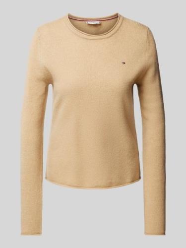 Tommy Hilfiger Strickpullover mit Logo-Stitching in Camel, Größe XS