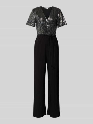 Apricot Schimmernder Jumpsuit mit Bindegürtel in Black, Größe L