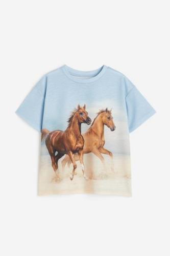 H&M Oversized T-Shirt Hellblau/Pferde, T-Shirts & Tops in Größe 170. F...