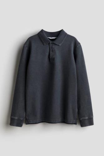 H&M Langarm-Poloshirt aus Baumwollpikee Ausgewaschenes Schwarz, T-Shir...