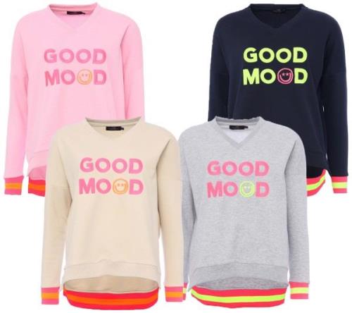 ZWILLINGSHERZ Sweater Dana Damen Pullover mit GOOD MOOD Schriftzug Bau...